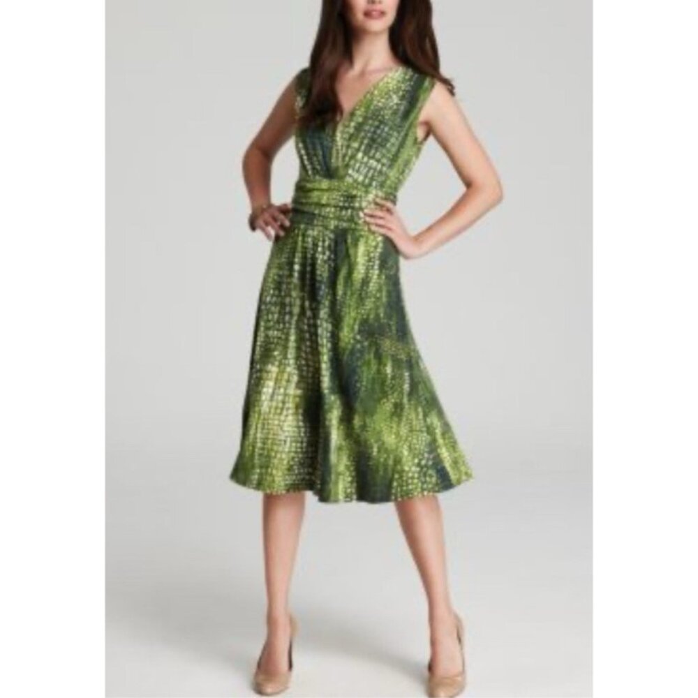 Jones NY Midi XL A line Dress Green Ivory Stretch Sleeveless Washable NEW